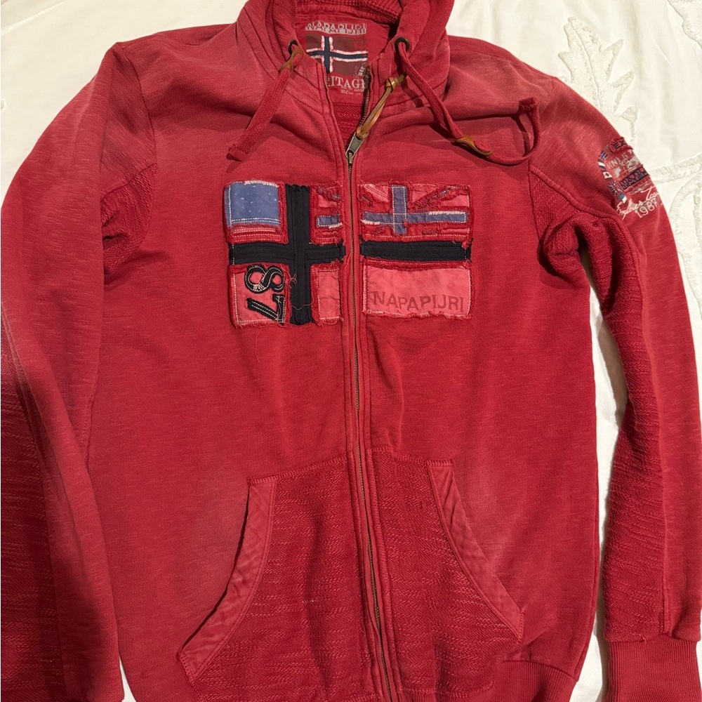 Vintage Napapijri Red Hoodie with Flag Patches